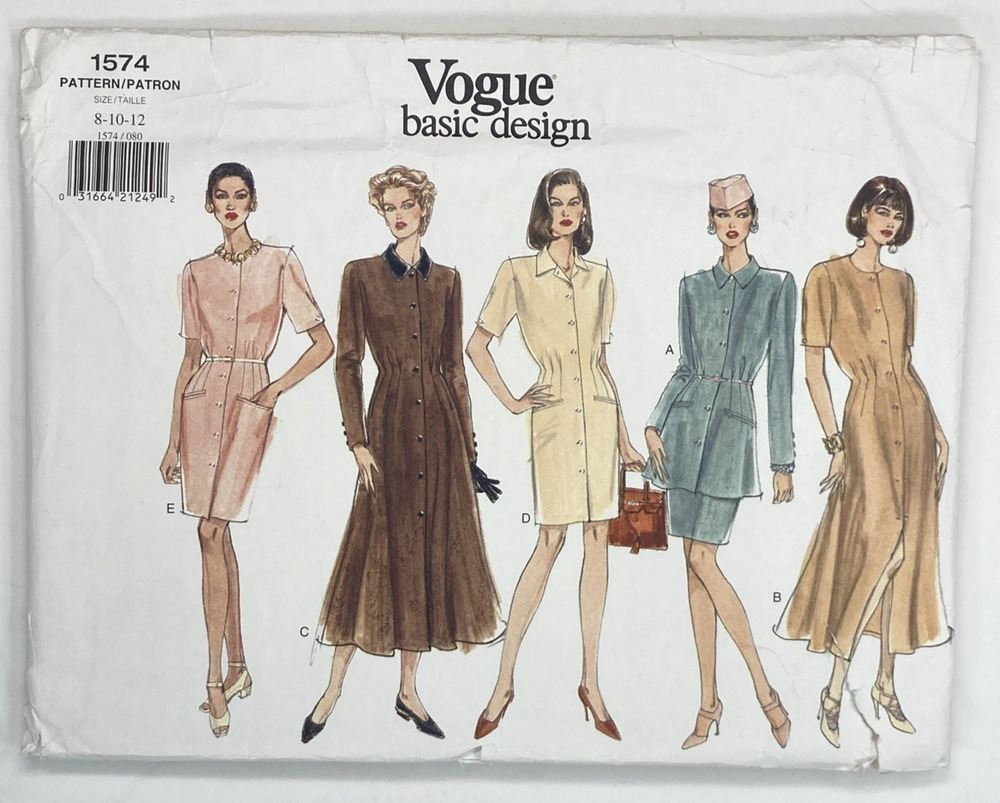 Vogue Basic Design 1574 Button-Front Dress Tunic Skirt Mod 90s Sz 8-10-12 Uncut